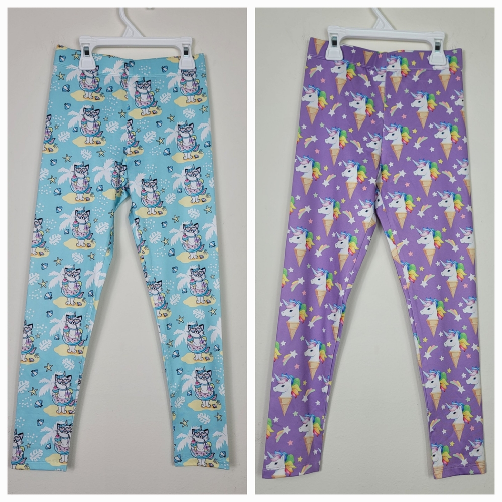 (2)Quedoris Girls Leggings Unicorn Ice Cream&Tropical Cat Sz 130 7/8 M Whimsical